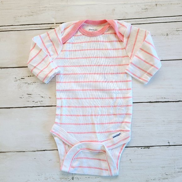 ♡ 5/$20 - Gerber Girl's White Pink Stripped Long Sleeve Bodysuit 0-3mo. - Picture 1 of 7